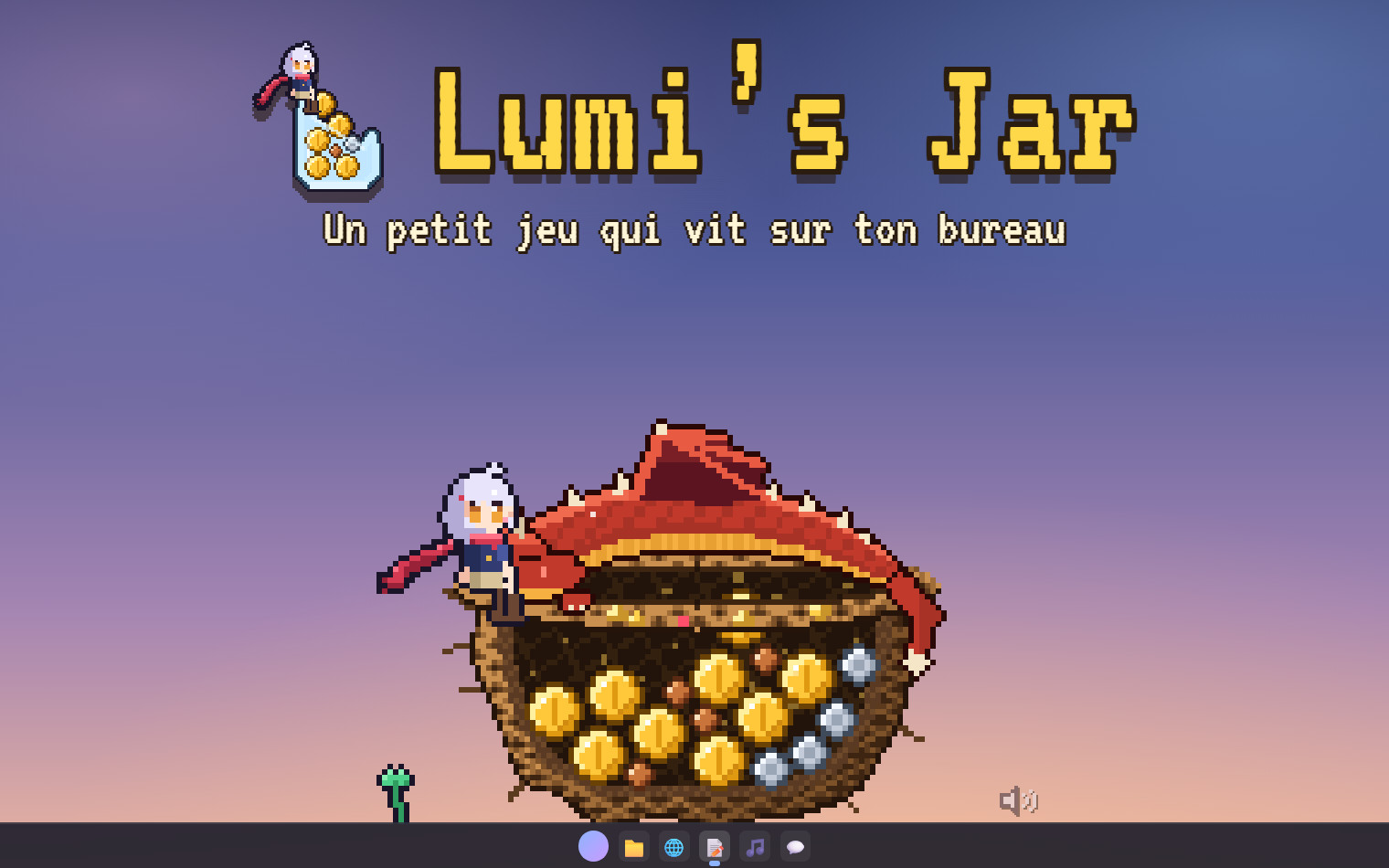 Key art de Lumi's Jar : le logo au-dessus de Lumi, assise sur un nid de dragon rempli d'or