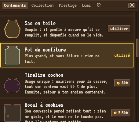 Onglet Contenants : le sac en toile, le pot de confiture utilisé, la tirelire cochon et le bocal à cookies, chacun avec son pouvoir et son prix